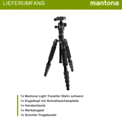 Mantona Light Traveller Reisestativ 131,5 cm schwarz, Kamerastativ aus Aluminium bis 5 kg Traglast, leichtes Fotostativ mit Kugelkopf und Arca-Swiss-Schnellwechselplatte, Tripod und Monopod
