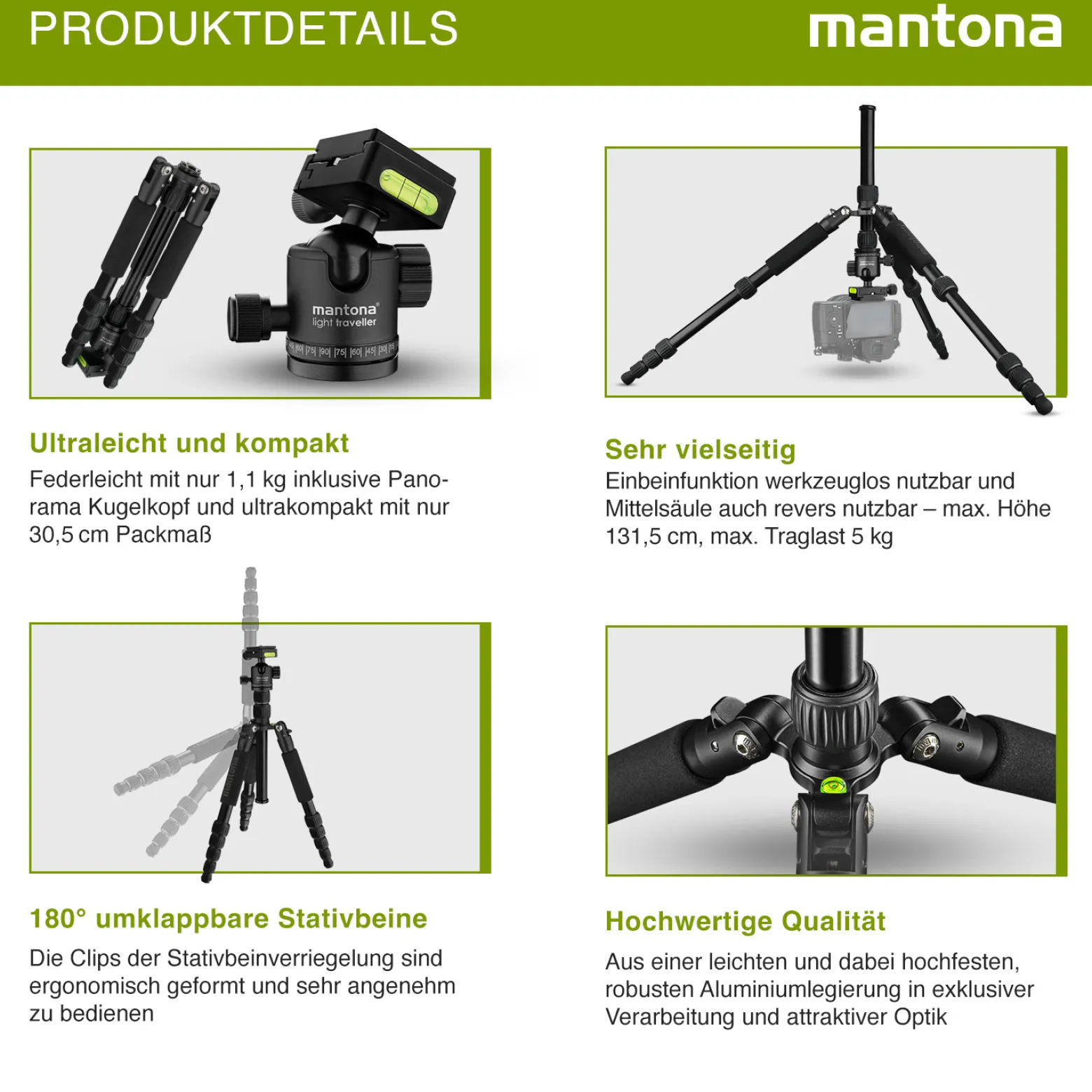 Mantona Light Traveller Reisestativ 131,5 cm schwarz, Kamerastativ aus Aluminium bis 5 kg Traglast, leichtes Fotostativ mit Kugelkopf und Arca-Swiss-Schnellwechselplatte, Tripod und Monopod