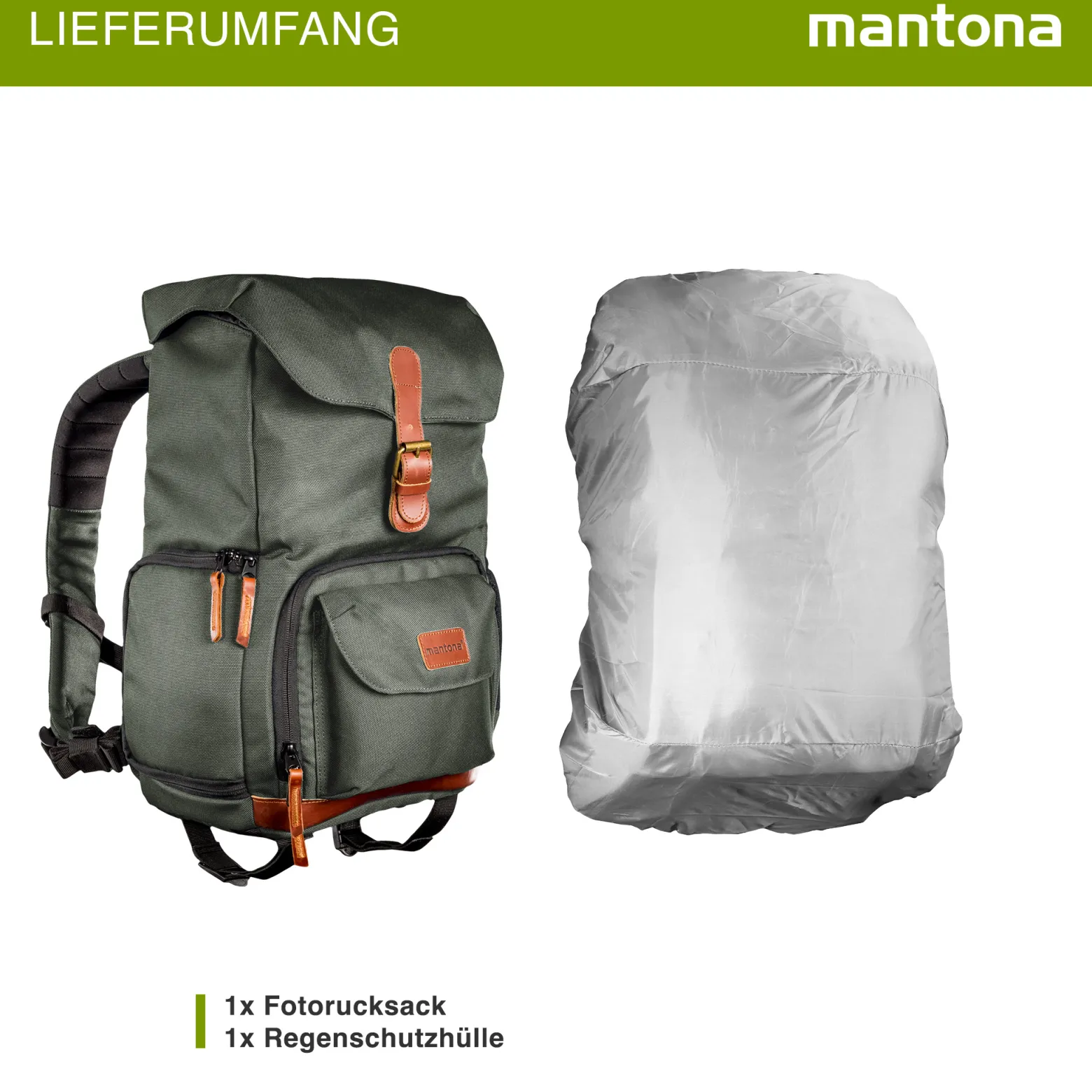 Mantona Luis junior Retro Fotorucksack grün mit Leder, Kamerarucksack inkl. Regenschutzhülle, Fototasche mit Laptopfach, Backpack geeignet für 1 x DSLR-Kamera, 1-Objektive und diverses Fotozubehör