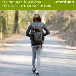 Mantona Luis junior Retro Fotorucksack grün mit Leder, Kamerarucksack inkl. Regenschutzhülle, Fototasche mit Laptopfach, Backpack geeignet für 1 x DSLR-Kamera, 1-Objektive und diverses Fotozubehör
