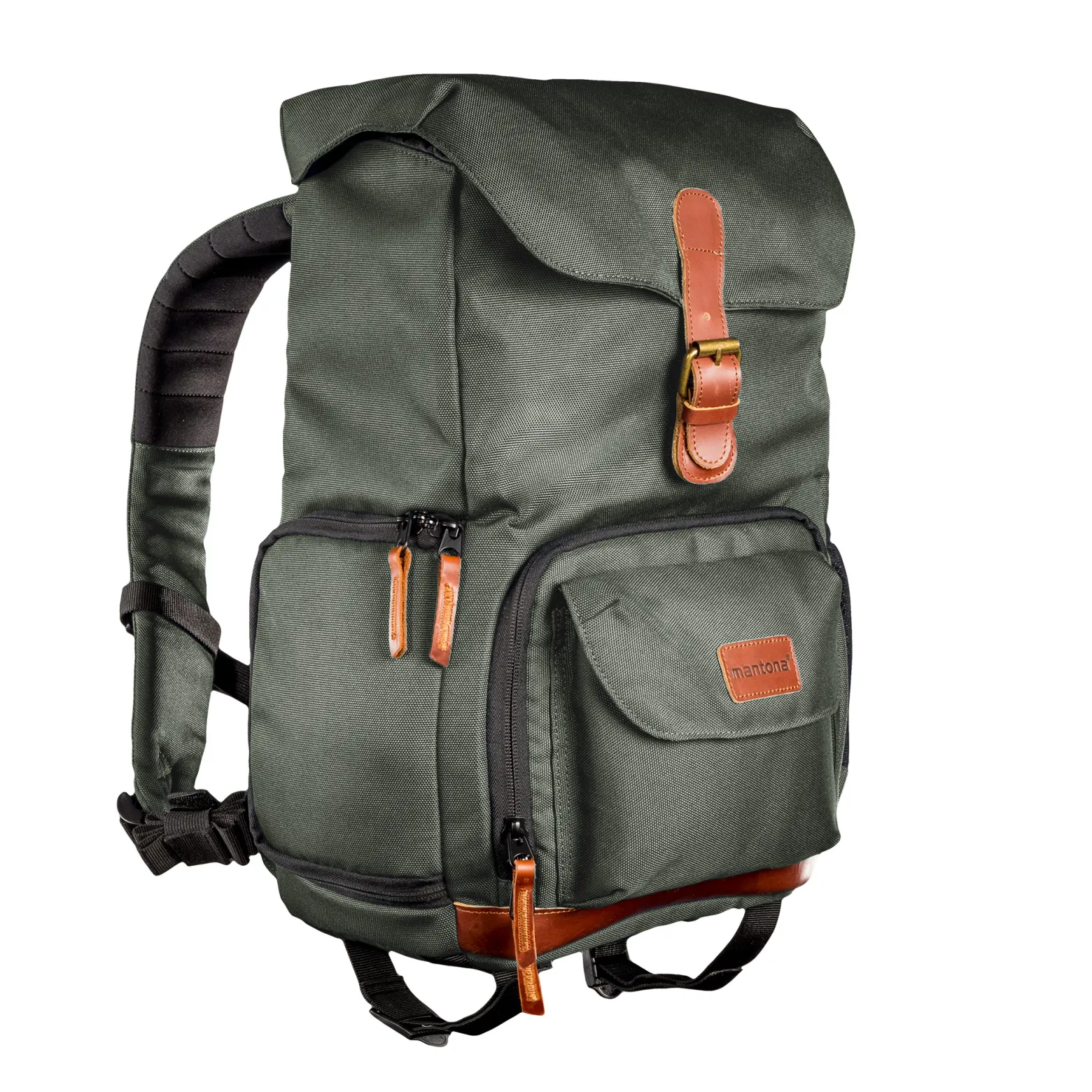 Mantona Luis junior Retro Fotorucksack grün mit Leder, Kamerarucksack inkl. Regenschutzhülle, Fototasche mit Laptopfach, Backpack geeignet für 1 x DSLR-Kamera, 1-Objektive und diverses Fotozubehör
