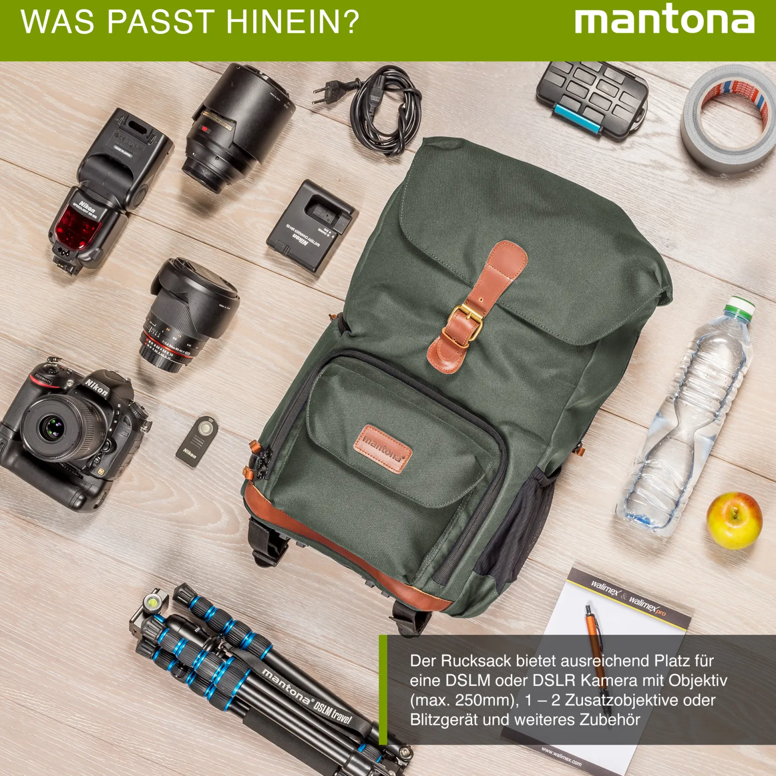 Mantona Luis junior Retro Fotorucksack grün mit Leder, Kamerarucksack inkl. Regenschutzhülle, Fototasche mit Laptopfach, Backpack geeignet für 1 x DSLR-Kamera, 1-Objektive und diverses Fotozubehör