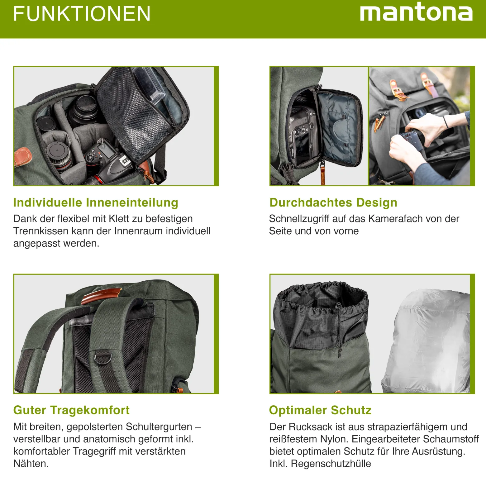 Mantona Luis junior Retro Fotorucksack grün mit Leder, Kamerarucksack inkl. Regenschutzhülle, Fototasche mit Laptopfach, Backpack geeignet für 1 x DSLR-Kamera, 1-Objektive und diverses Fotozubehör