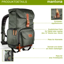 Mantona Luis junior Retro Fotorucksack grün mit Leder, Kamerarucksack inkl. Regenschutzhülle, Fototasche mit Laptopfach, Backpack geeignet für 1 x DSLR-Kamera, 1-Objektive und diverses Fotozubehör