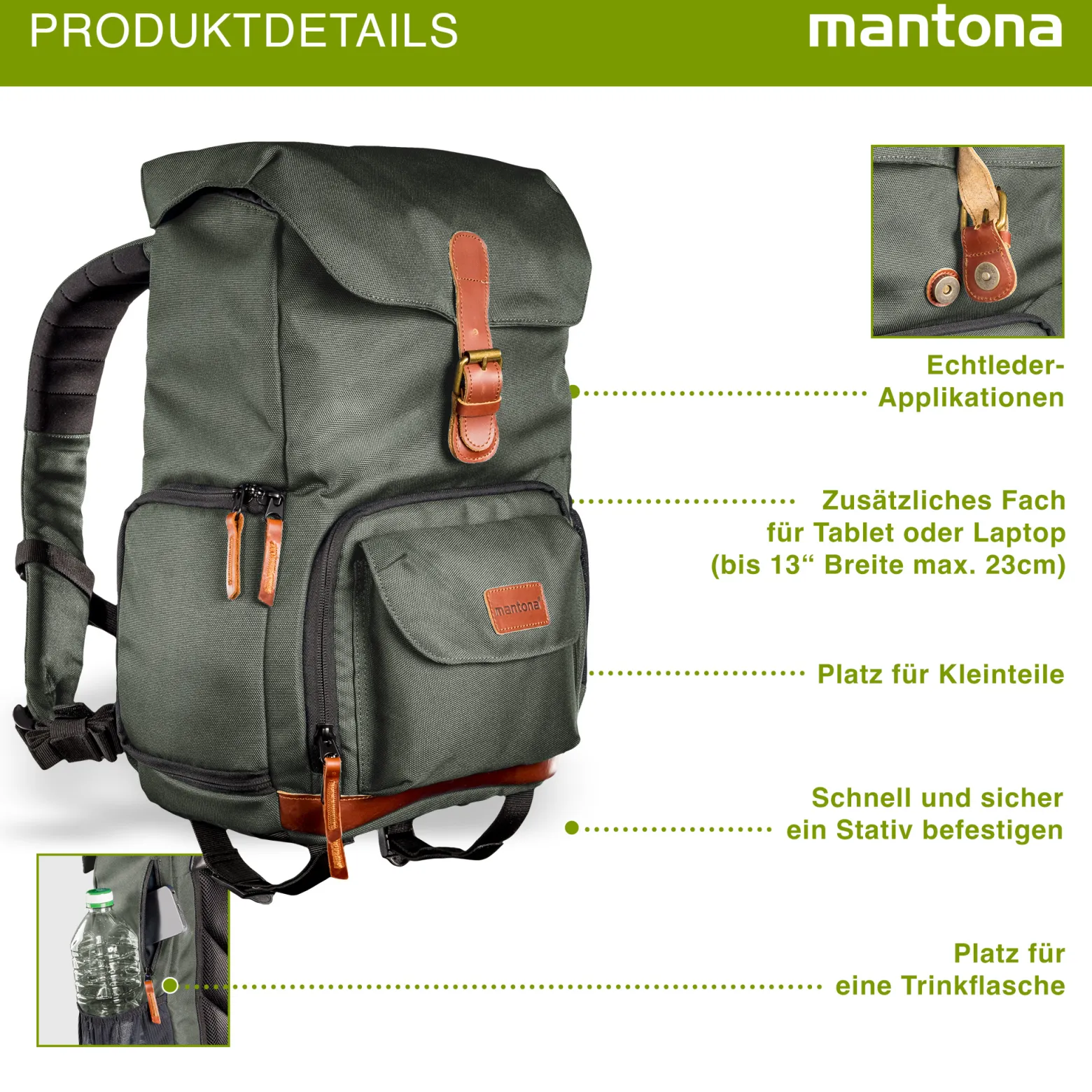 Mantona Luis junior Retro Fotorucksack grün mit Leder, Kamerarucksack inkl. Regenschutzhülle, Fototasche mit Laptopfach, Backpack geeignet für 1 x DSLR-Kamera, 1-Objektive und diverses Fotozubehör