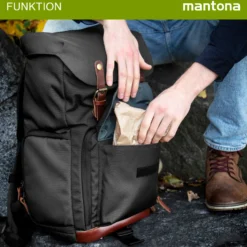 Mantona Luis junior Retro Fotorucksack schwarz mit Leder, Kamerarucksack inkl. Regenschutzhülle, Fototasche mit Laptopfach, Backpack geeignet für 1x DSLR-Kamera, 1-2 Objektive, diverses Fotozubehör