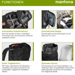 Mantona Luis junior Retro Fotorucksack schwarz mit Leder, Kamerarucksack inkl. Regenschutzhülle, Fototasche mit Laptopfach, Backpack geeignet für 1x DSLR-Kamera, 1-2 Objektive, diverses Fotozubehör