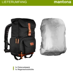 Mantona Luis junior Retro Fotorucksack schwarz mit Leder, Kamerarucksack inkl. Regenschutzhülle, Fototasche mit Laptopfach, Backpack geeignet für 1x DSLR-Kamera, 1-2 Objektive, diverses Fotozubehör