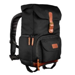 Mantona Luis junior Retro Fotorucksack schwarz mit Leder, Kamerarucksack inkl. Regenschutzhülle, Fototasche mit Laptopfach, Backpack geeignet für 1x DSLR-Kamera, 1-2 Objektive, diverses Fotozubehör