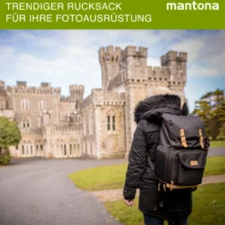 Mantona Luis junior Retro Fotorucksack schwarz mit Leder, Kamerarucksack inkl. Regenschutzhülle, Fototasche mit Laptopfach, Backpack geeignet für 1x DSLR-Kamera, 1-2 Objektive, diverses Fotozubehör