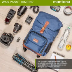 Mantona Luis junior Retro Fotorucksack blau mit Leder, Kamerarucksack inkl. Regenschutzhülle, Fototasche mit Laptopfach, Backpack geeignet für 1 x DSLR-Kamera, 1-2 Objektive und diverses Fotozubehör