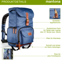 Mantona Luis junior Retro Fotorucksack blau mit Leder, Kamerarucksack inkl. Regenschutzhülle, Fototasche mit Laptopfach, Backpack geeignet für 1 x DSLR-Kamera, 1-2 Objektive und diverses Fotozubehör