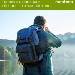Mantona Luis junior Retro Fotorucksack blau mit Leder, Kamerarucksack inkl. Regenschutzhülle, Fototasche mit Laptopfach, Backpack geeignet für 1 x DSLR-Kamera, 1-2 Objektive und diverses Fotozubehör