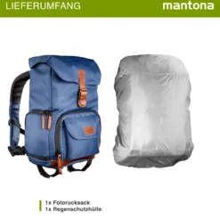 Mantona Luis junior Retro Fotorucksack blau mit Leder, Kamerarucksack inkl. Regenschutzhülle, Fototasche mit Laptopfach, Backpack geeignet für 1 x DSLR-Kamera, 1-2 Objektive und diverses Fotozubehör