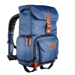 Mantona Luis junior Retro Fotorucksack blau mit Leder, Kamerarucksack inkl. Regenschutzhülle, Fototasche mit Laptopfach, Backpack geeignet für 1 x DSLR-Kamera, 1-2 Objektive und diverses Fotozubehör