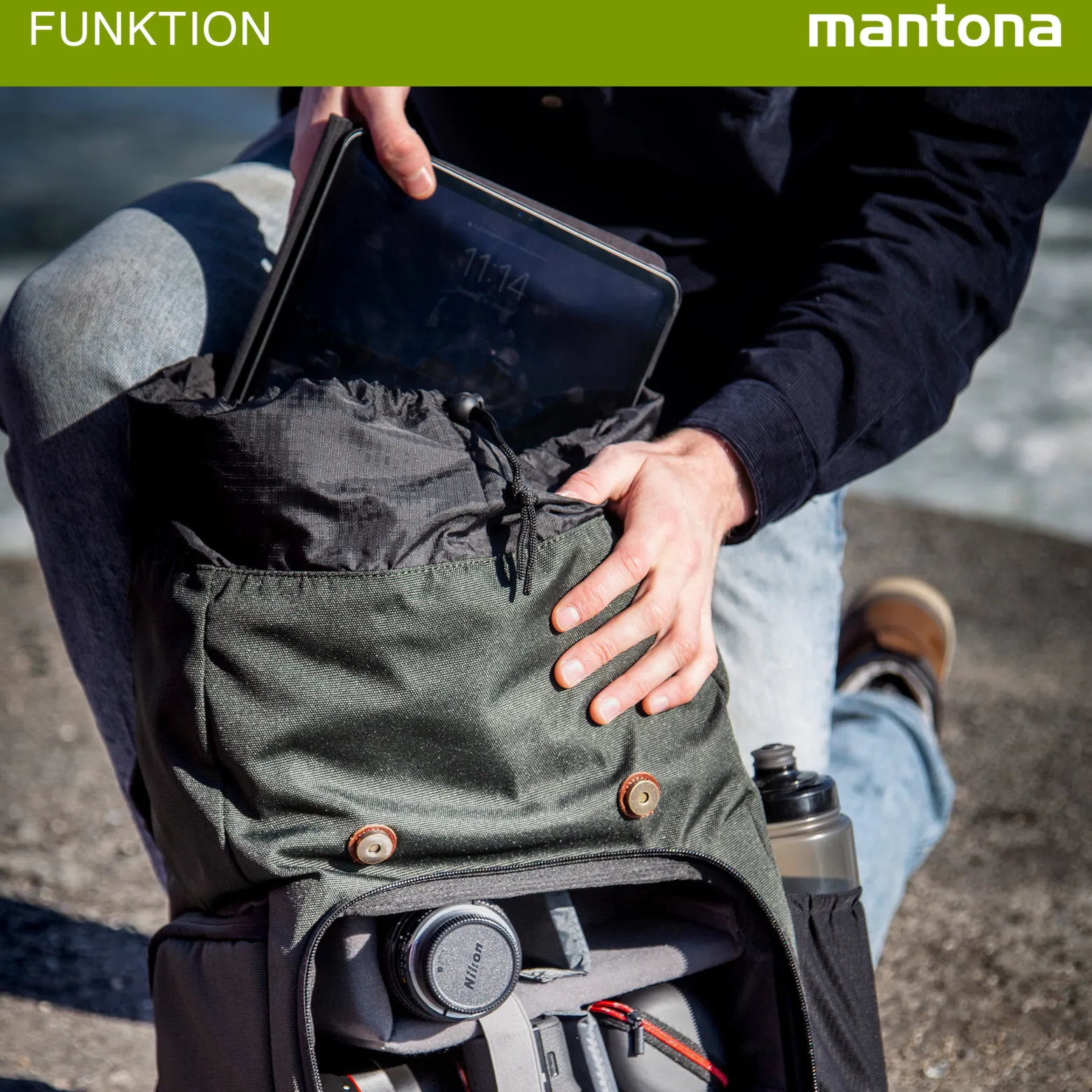 Mantona Luis Retro Fotorucksack grün mit Leder, Kamerarucksack inkl. Regenschutzhülle, Fototasche mit Laptopfach, Backpack geeignet für 1 x DSLR-Kamera, 3 x Objektive und diverses Fotozubehör