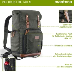 Mantona Luis Retro Fotorucksack grün mit Leder, Kamerarucksack inkl. Regenschutzhülle, Fototasche mit Laptopfach, Backpack geeignet für 1 x DSLR-Kamera, 3 x Objektive und diverses Fotozubehör