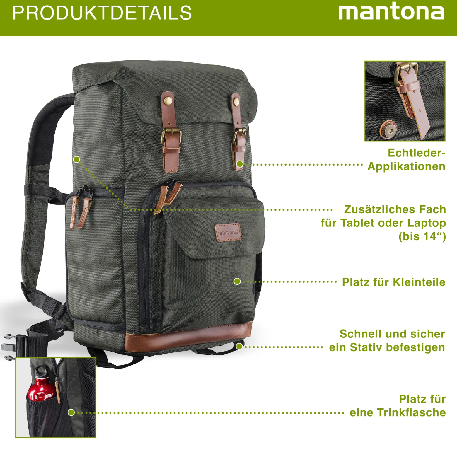 Mantona Luis Retro Fotorucksack grün mit Leder, Kamerarucksack inkl. Regenschutzhülle, Fototasche mit Laptopfach, Backpack geeignet für 1 x DSLR-Kamera, 3 x Objektive und diverses Fotozubehör