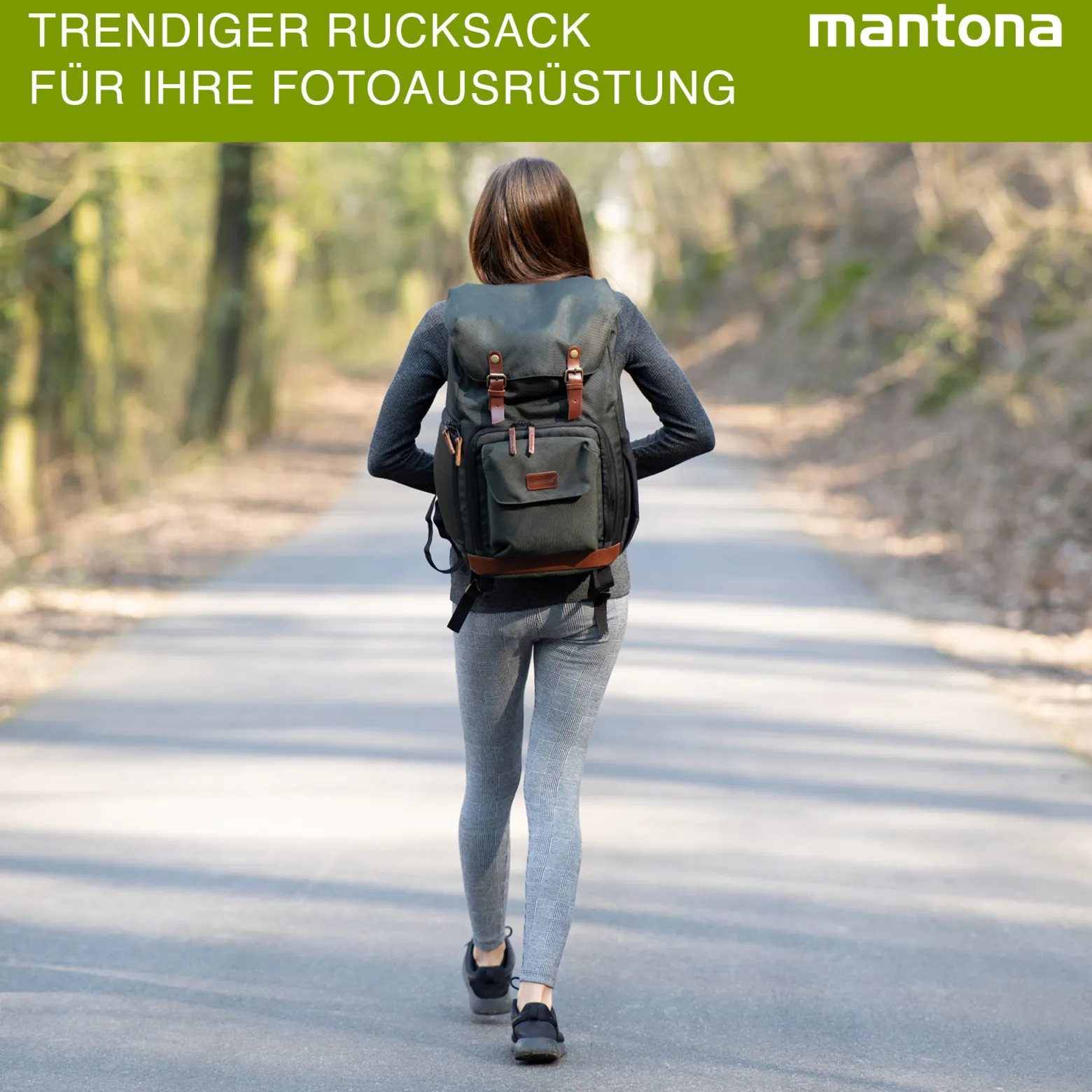 Mantona Luis Retro Fotorucksack grün mit Leder, Kamerarucksack inkl. Regenschutzhülle, Fototasche mit Laptopfach, Backpack geeignet für 1 x DSLR-Kamera, 3 x Objektive und diverses Fotozubehör