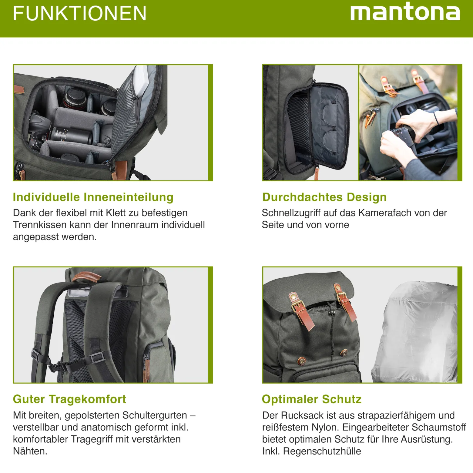 Mantona Luis Retro Fotorucksack grün mit Leder, Kamerarucksack inkl. Regenschutzhülle, Fototasche mit Laptopfach, Backpack geeignet für 1 x DSLR-Kamera, 3 x Objektive und diverses Fotozubehör