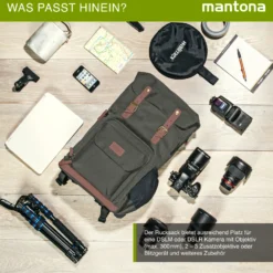 Mantona Luis Retro Fotorucksack grün mit Leder, Kamerarucksack inkl. Regenschutzhülle, Fototasche mit Laptopfach, Backpack geeignet für 1 x DSLR-Kamera, 3 x Objektive und diverses Fotozubehör