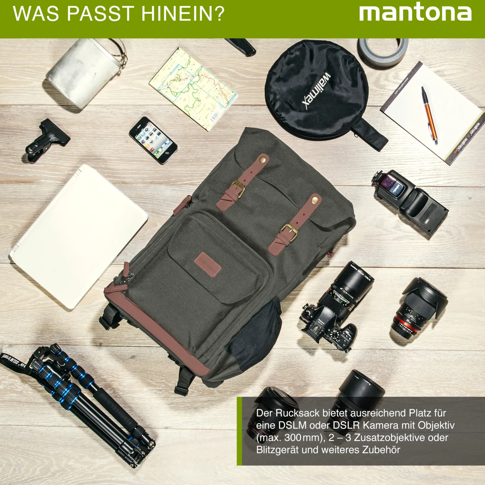 Mantona Luis Retro Fotorucksack grün mit Leder, Kamerarucksack inkl. Regenschutzhülle, Fototasche mit Laptopfach, Backpack geeignet für 1 x DSLR-Kamera, 3 x Objektive und diverses Fotozubehör