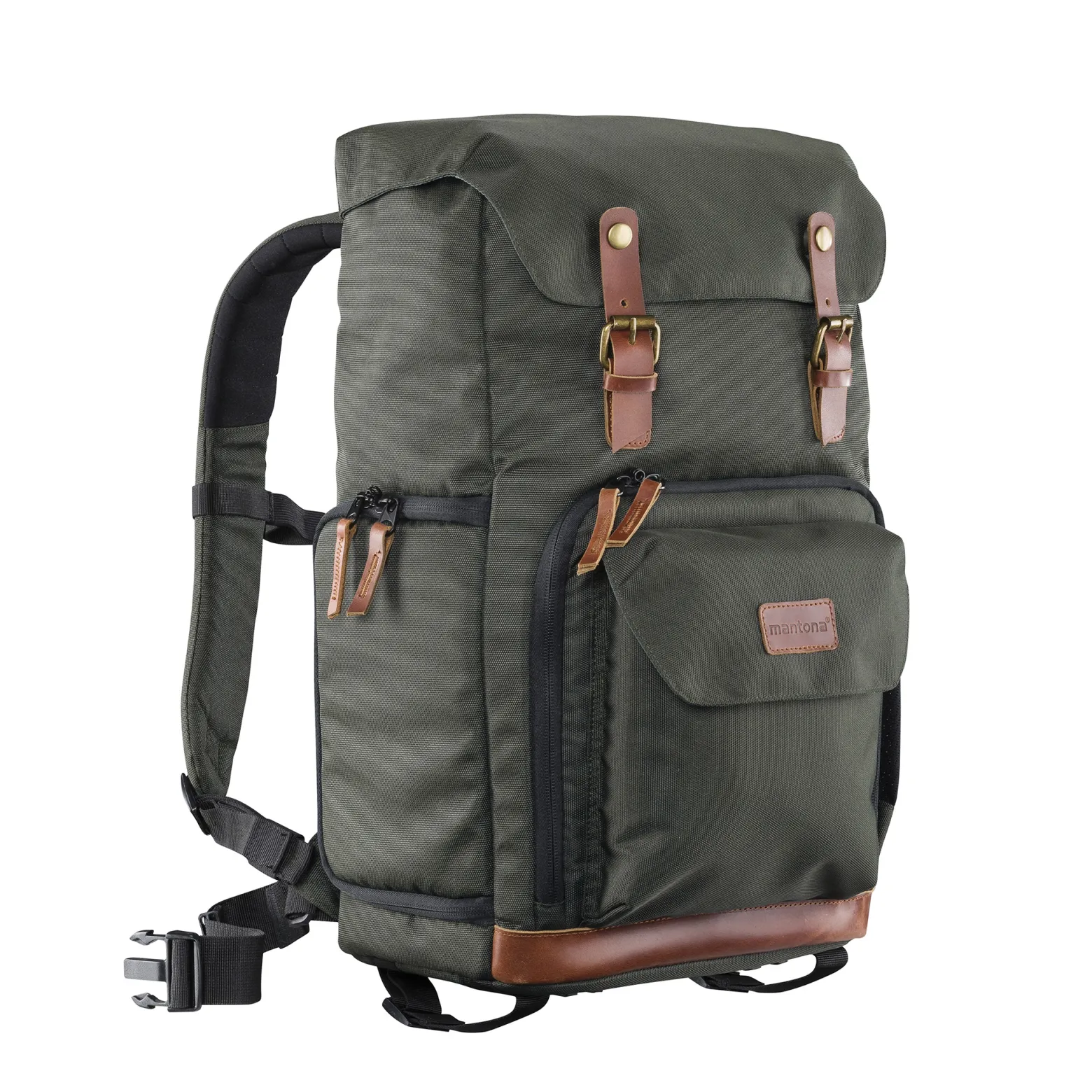 Mantona Luis Retro Fotorucksack grün mit Leder, Kamerarucksack inkl. Regenschutzhülle, Fototasche mit Laptopfach, Backpack geeignet für 1 x DSLR-Kamera, 3 x Objektive und diverses Fotozubehör