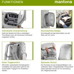 Mantona Luis Retro Fotorucksack grau mit Leder, Kamerarucksack inkl. Regenschutzhülle, Fototasche mit Laptopfach, Backpack geeignet für 1 x DSLR-Kamera, 3 x Objektive und diverses Fotozubehör