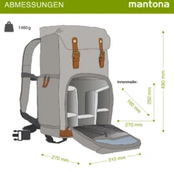 Mantona Luis Retro Fotorucksack grau mit Leder, Kamerarucksack inkl. Regenschutzhülle, Fototasche mit Laptopfach, Backpack geeignet für 1 x DSLR-Kamera, 3 x Objektive und diverses Fotozubehör