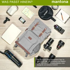 Mantona Luis Retro Fotorucksack grau mit Leder, Kamerarucksack inkl. Regenschutzhülle, Fototasche mit Laptopfach, Backpack geeignet für 1 x DSLR-Kamera, 3 x Objektive und diverses Fotozubehör