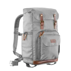 Mantona Luis Retro Fotorucksack grau mit Leder, Kamerarucksack inkl. Regenschutzhülle, Fototasche mit Laptopfach, Backpack geeignet für 1 x DSLR-Kamera, 3 x Objektive und diverses Fotozubehör
