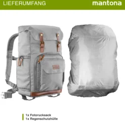 Mantona Luis Retro Fotorucksack grau mit Leder, Kamerarucksack inkl. Regenschutzhülle, Fototasche mit Laptopfach, Backpack geeignet für 1 x DSLR-Kamera, 3 x Objektive und diverses Fotozubehör
