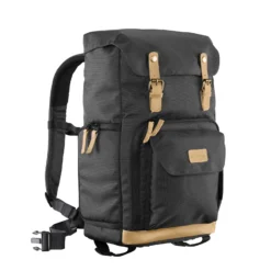 Mantona Luis Retro Fotorucksack schwarz mit Leder, Kamerarucksack inkl. Regenschutzhülle, Fototasche mit Laptopfach, Backpack geeignet für 1 x DSLR-Kamera, 3 x Objektive und diverses Fotozubehör