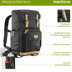 Mantona Luis Retro Fotorucksack schwarz mit Leder, Kamerarucksack inkl. Regenschutzhülle, Fototasche mit Laptopfach, Backpack geeignet für 1 x DSLR-Kamera, 3 x Objektive und diverses Fotozubehör