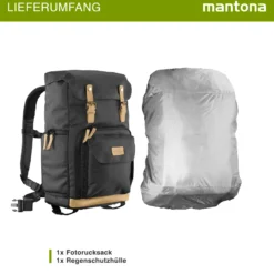 Mantona Luis Retro Fotorucksack schwarz mit Leder, Kamerarucksack inkl. Regenschutzhülle, Fototasche mit Laptopfach, Backpack geeignet für 1 x DSLR-Kamera, 3 x Objektive und diverses Fotozubehör