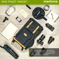 Mantona Luis Retro Fotorucksack schwarz mit Leder, Kamerarucksack inkl. Regenschutzhülle, Fototasche mit Laptopfach, Backpack geeignet für 1 x DSLR-Kamera, 3 x Objektive und diverses Fotozubehör