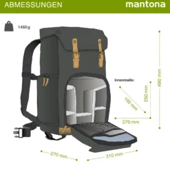 Mantona Luis Retro Fotorucksack schwarz mit Leder, Kamerarucksack inkl. Regenschutzhülle, Fototasche mit Laptopfach, Backpack geeignet für 1 x DSLR-Kamera, 3 x Objektive und diverses Fotozubehör