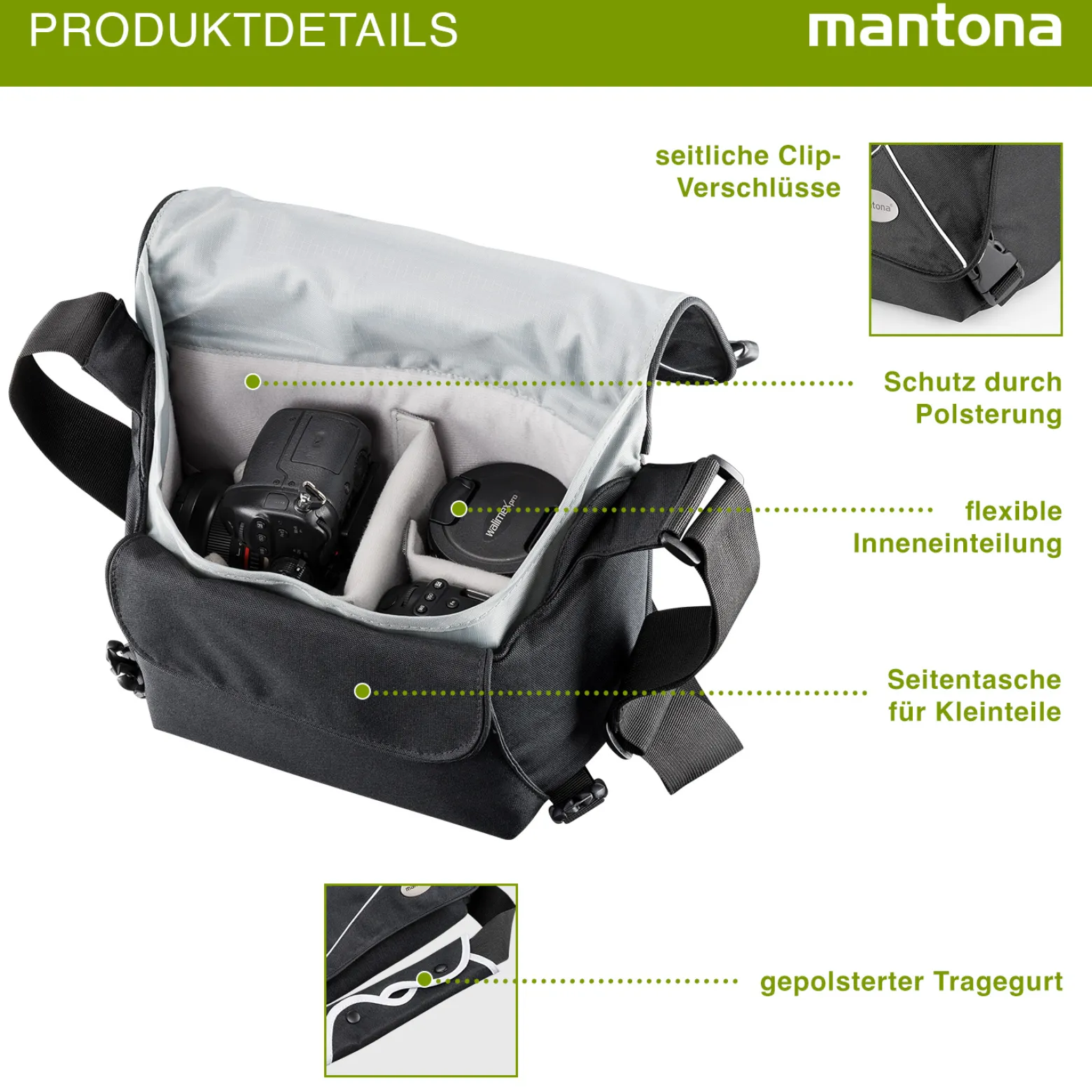 Mantona Mondstein Kameratasche, hochwertige Fototasche für DSLR & Systemkameras, Umhängetasche für Kamera und Zubehör, Tragetasche mit variabler Inneneinteilung und Netzfach