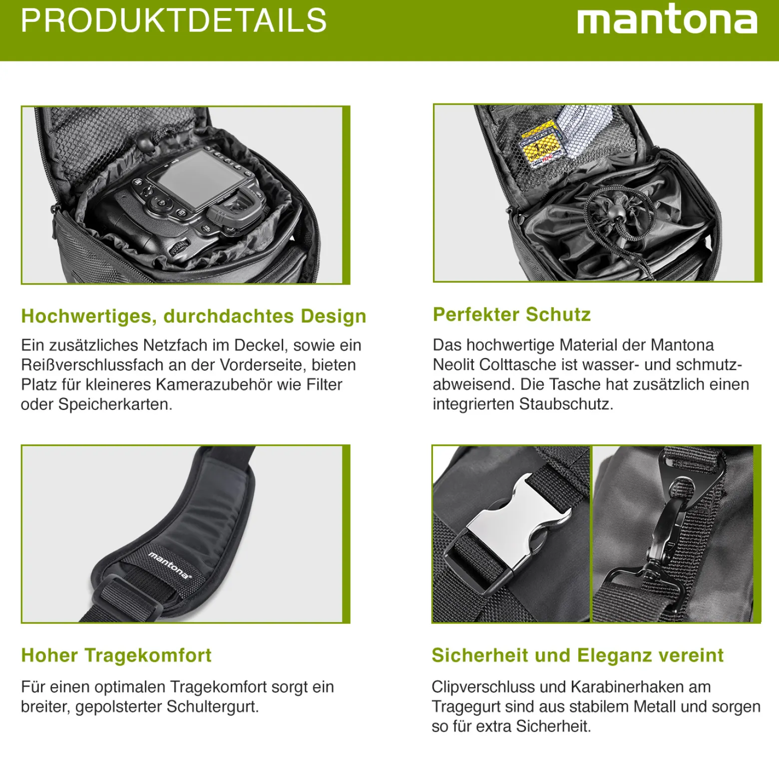 Mantona Neolit Colt Kameratasche schwarz/metallic – 220 x 200 x 140 mm – Outdoor mit Tragegurt, Polsterung, Schnellzugriff, Staubschutz, Fach – kompakt, leicht, wasserdicht – für DSLM und DSLR Kamera