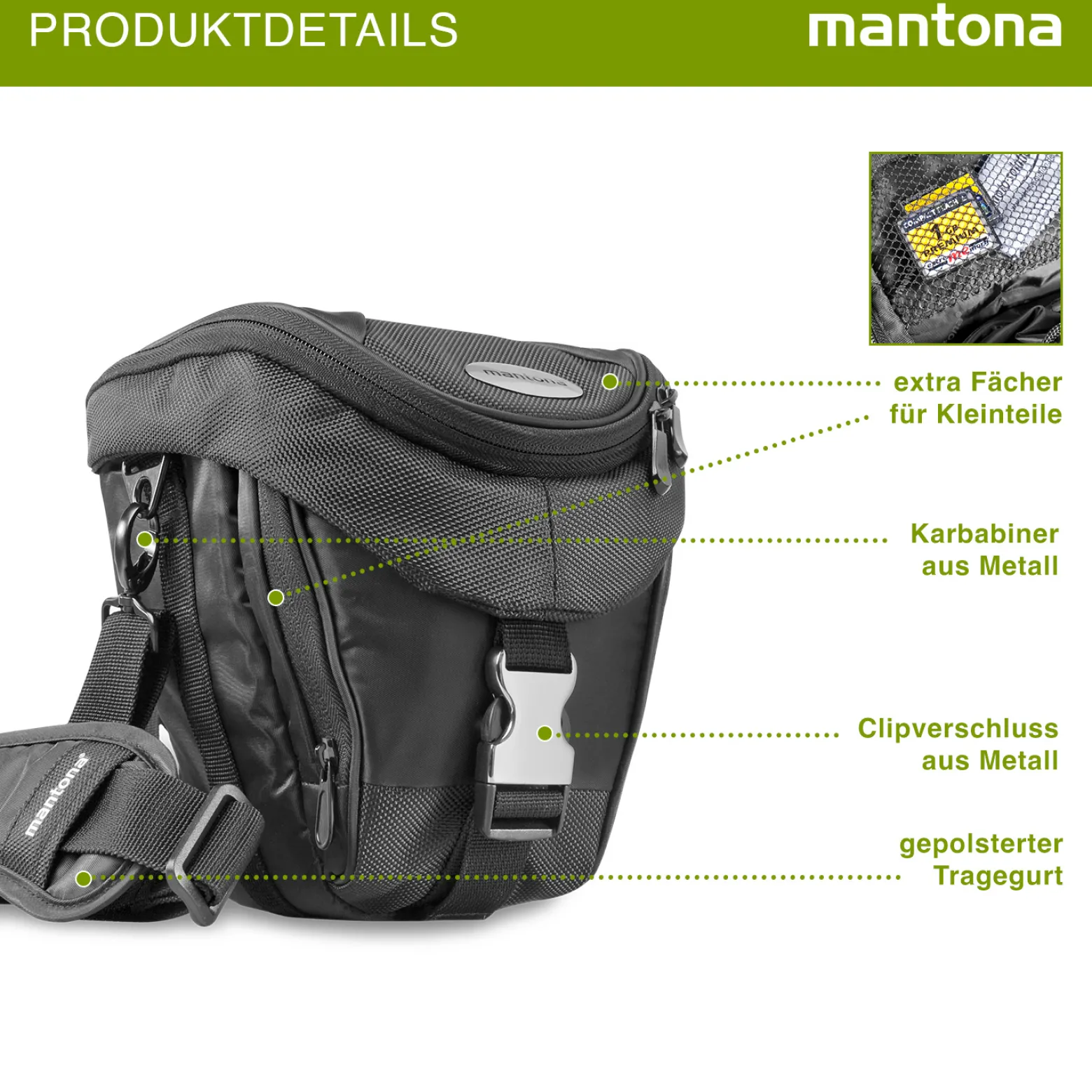 Mantona Neolit Colt Kameratasche schwarz/metallic – 220 x 200 x 140 mm – Outdoor mit Tragegurt, Polsterung, Schnellzugriff, Staubschutz, Fach – kompakt, leicht, wasserdicht – für DSLM und DSLR Kamera