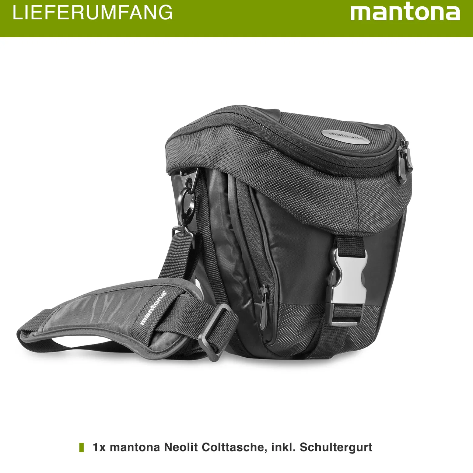 Mantona Neolit Colt Kameratasche schwarz/metallic – 220 x 200 x 140 mm – Outdoor mit Tragegurt, Polsterung, Schnellzugriff, Staubschutz, Fach – kompakt, leicht, wasserdicht – für DSLM und DSLR Kamera