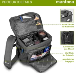 Mantona Neolit II SLR-Kameratasche schwarz, Fototasche wasserabweisend mit Regenschutz, Kamera Umhängetasche mit viel Stauraum & individuell einteilbar, Fotoapparat Tasche mit Tragegurt