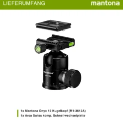Mantona Onyx 12 Kugelkopf (M1-3612A), Stativkopf aus Aluminium mit Arca-Swiss kompatibler Schnellwechselplatte 50 mm, 360° Panorama-Funktion & 3 Wasserwaagen