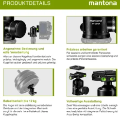 Mantona Onyx 12 Kugelkopf (M1-3612A), Stativkopf aus Aluminium mit Arca-Swiss kompatibler Schnellwechselplatte 50 mm, 360° Panorama-Funktion & 3 Wasserwaagen
