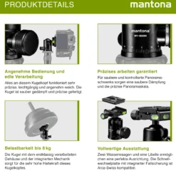 Mantona Onyx 8 Kugelkopf (M1-3008A), Stativkopf aus Aluminium mit Arca-Swiss kompatibler Schnellwechselplatte 50 mm, 360° Panorama-Funktion & 3 Wasserwaagen