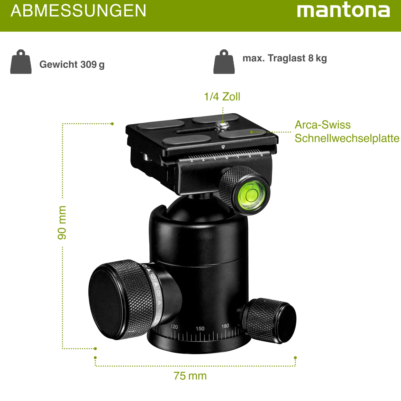 Mantona Onyx 8 Kugelkopf (M1-3008A), Stativkopf aus Aluminium mit Arca-Swiss kompatibler Schnellwechselplatte 50 mm, 360° Panorama-Funktion & 3 Wasserwaagen