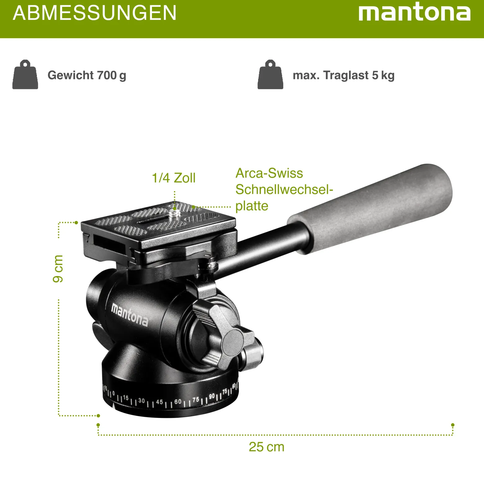 Mantona Pan 360 Video-Neiger für Videoaufnahmen - 250 x 90 x 90 mm - Video Stativkopf für Kamera - Kamerazubehör für Studio und on Location