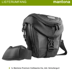 Mantona Premium Colt Schultertasche schwarz – 220 x 200 x 140 mm – Outdoor Kameratasche mit Tragegurt Polsterung Schnellzugriff Staubschutz Fach – kompakt, wasserdicht – für Spiegelreflex DSLR Kamera