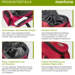 Mantona Premium Fototasche rot/schwarz, mit viel Stauraum, gepolstert mit Zusatzfächern, Umhängetasche für DSLM & DSLR Kameras, Aufbewahrungstasche für Kamera-Equipment