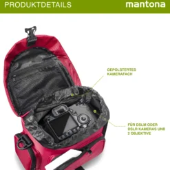 Mantona Premium Fototasche rot/schwarz, mit viel Stauraum, gepolstert mit Zusatzfächern, Umhängetasche für DSLM & DSLR Kameras, Aufbewahrungstasche für Kamera-Equipment